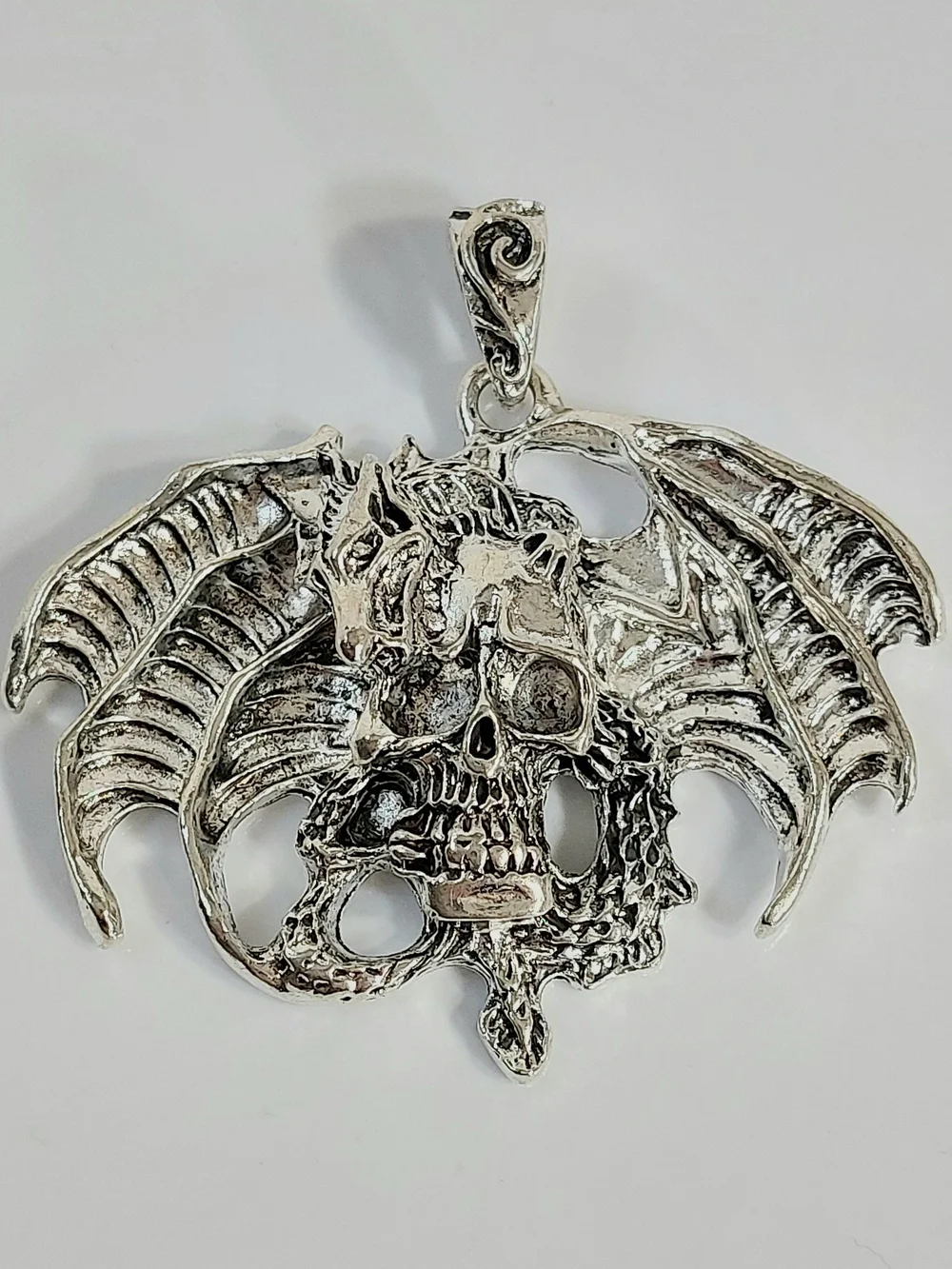 Silver Dragon Skull Pendant Necklace - Gothic Home Accent